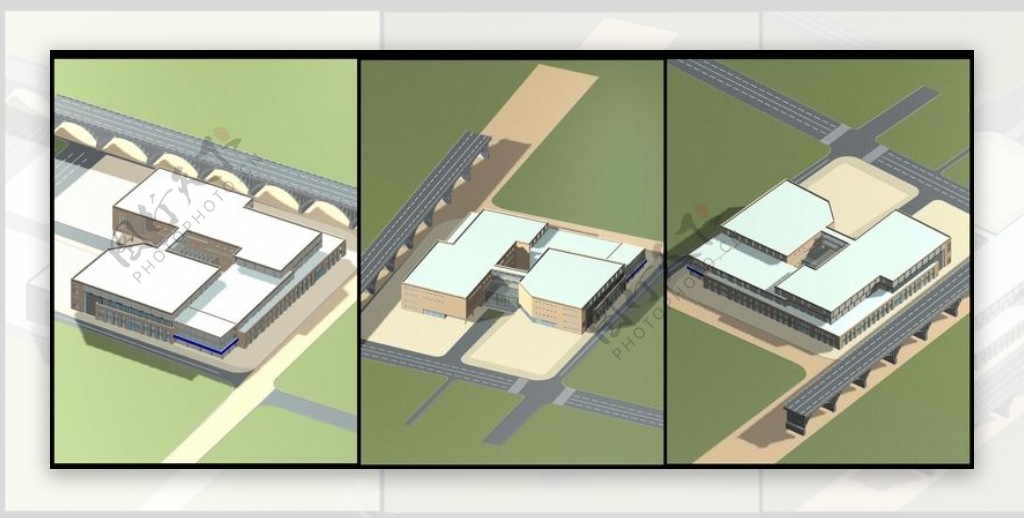 商业中心建筑群多方位3D效果图
