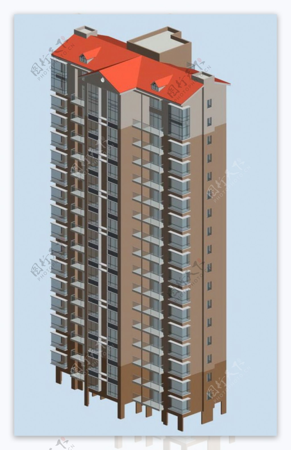 红屋顶高层住宅建筑3D模型