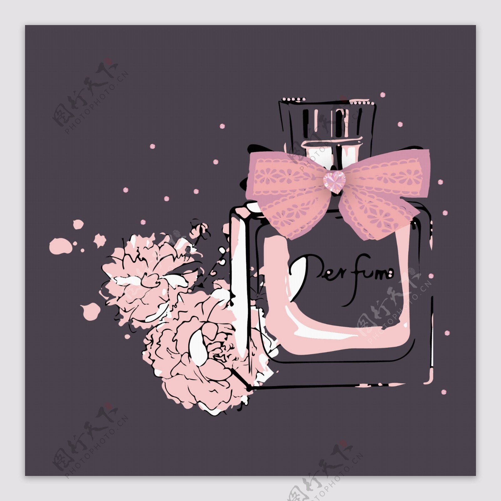 粉红色香水瓶和印花和蕾丝绣