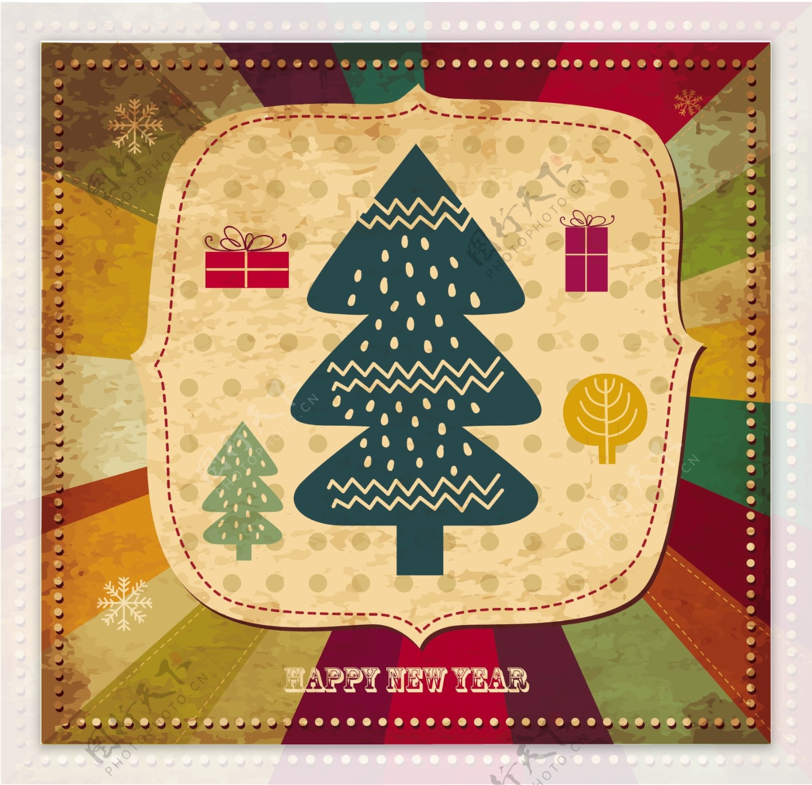 矢量圣诞节复古圣诞树卡片图案