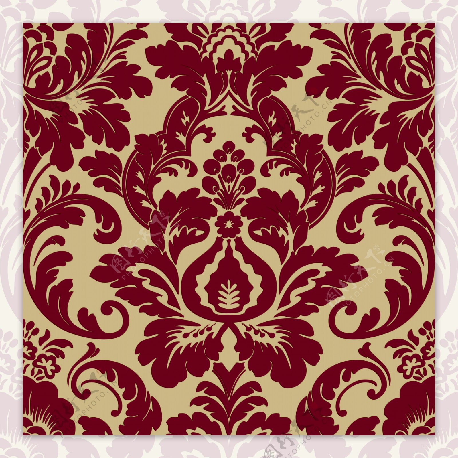 红色古典欧式大马士革花壁纸素材