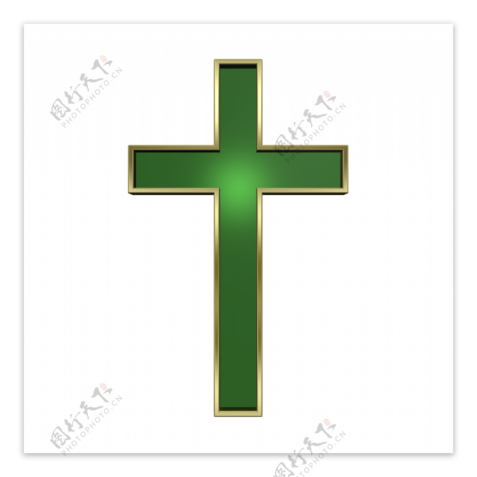 绿色与金框基督教的十字架的白色隔离