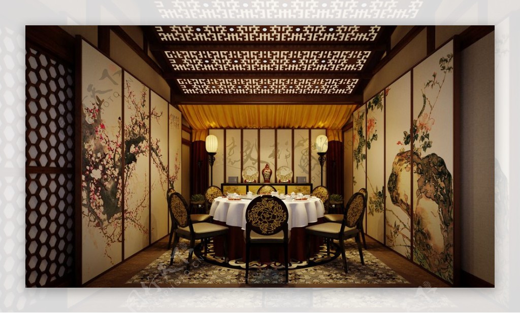 中式古典餐厅包房效果图图片