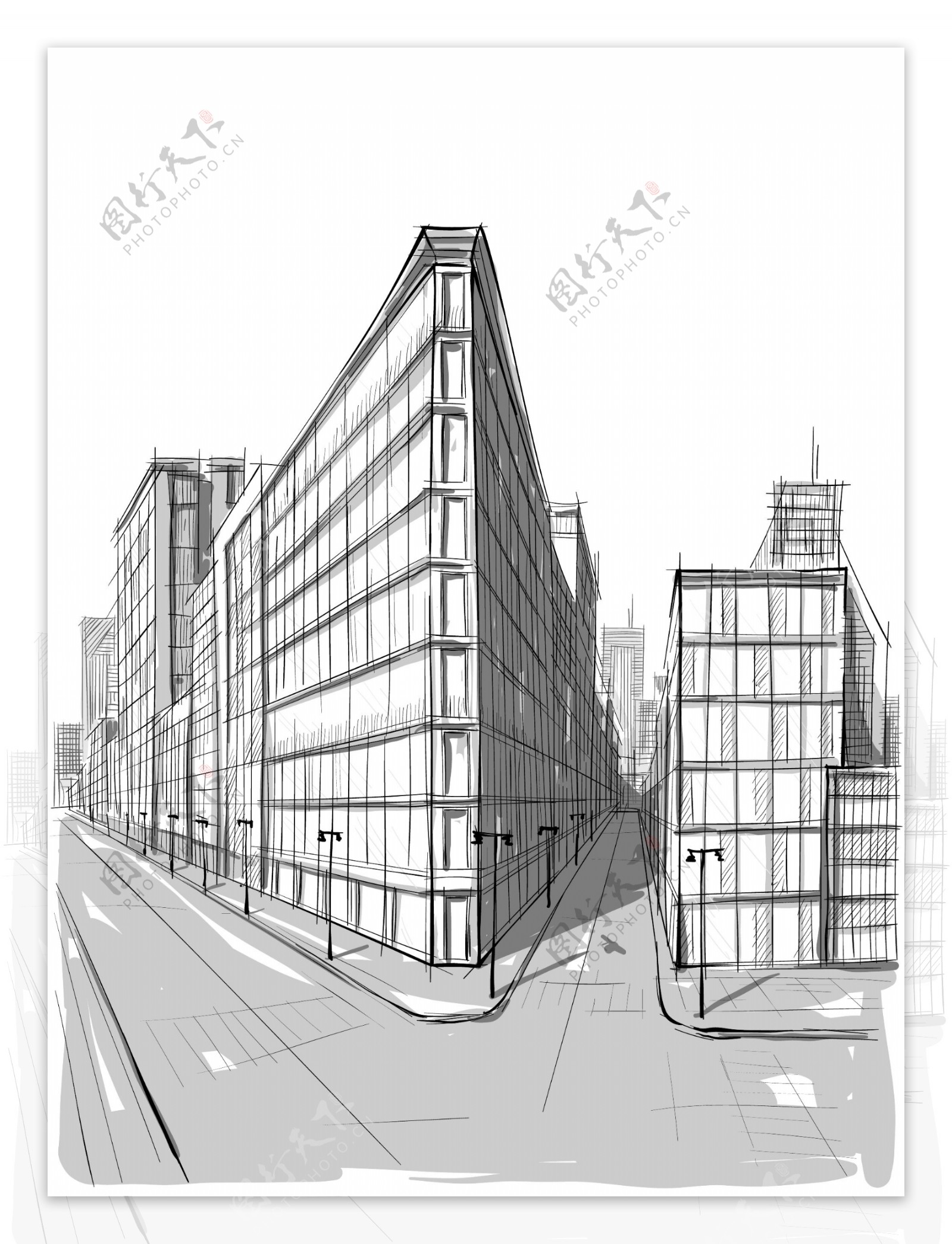 手绘城市建筑风景素描插画图片素材免费下载 - 觅知网