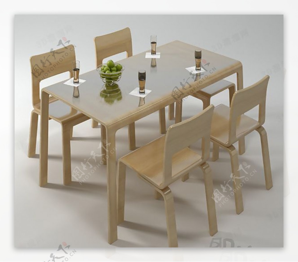 3D4人实木桌椅组合模型