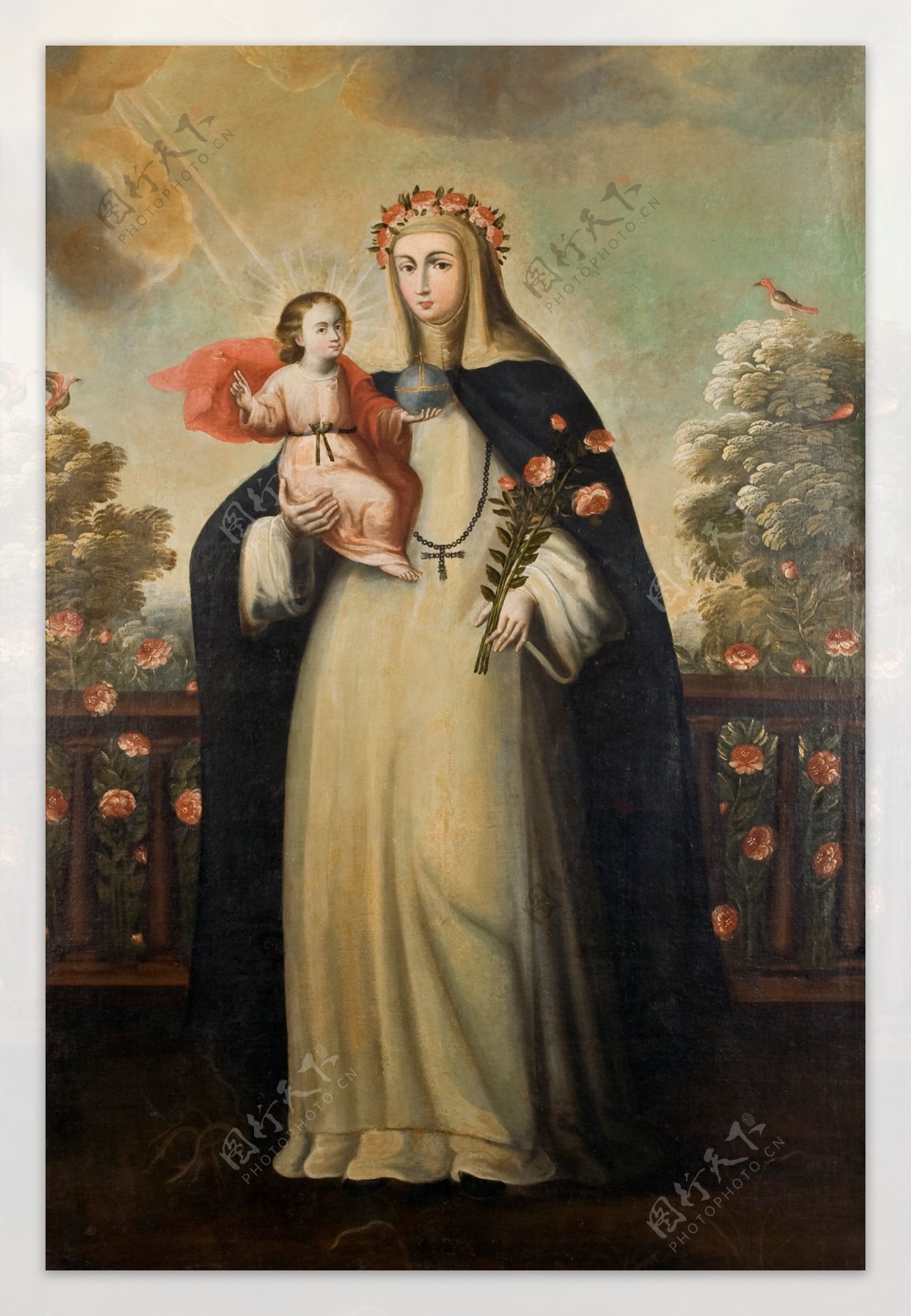 圣利玛手持玫瑰怀抱圣婴耶稣图片