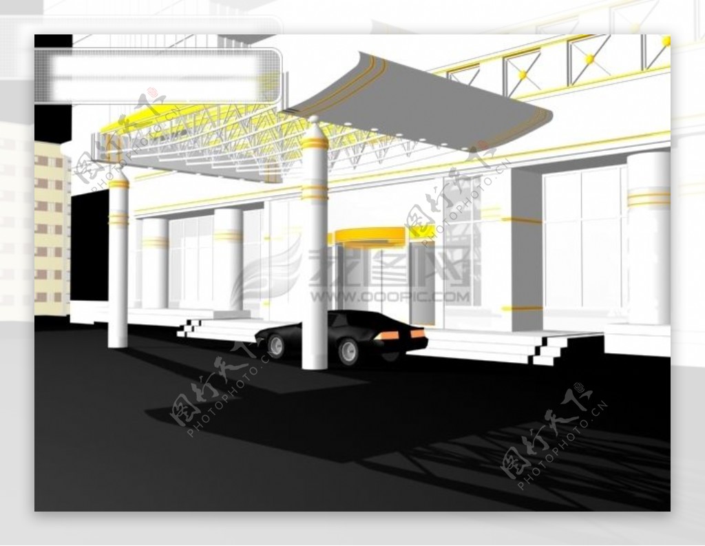 3d酒店建筑门口轿车