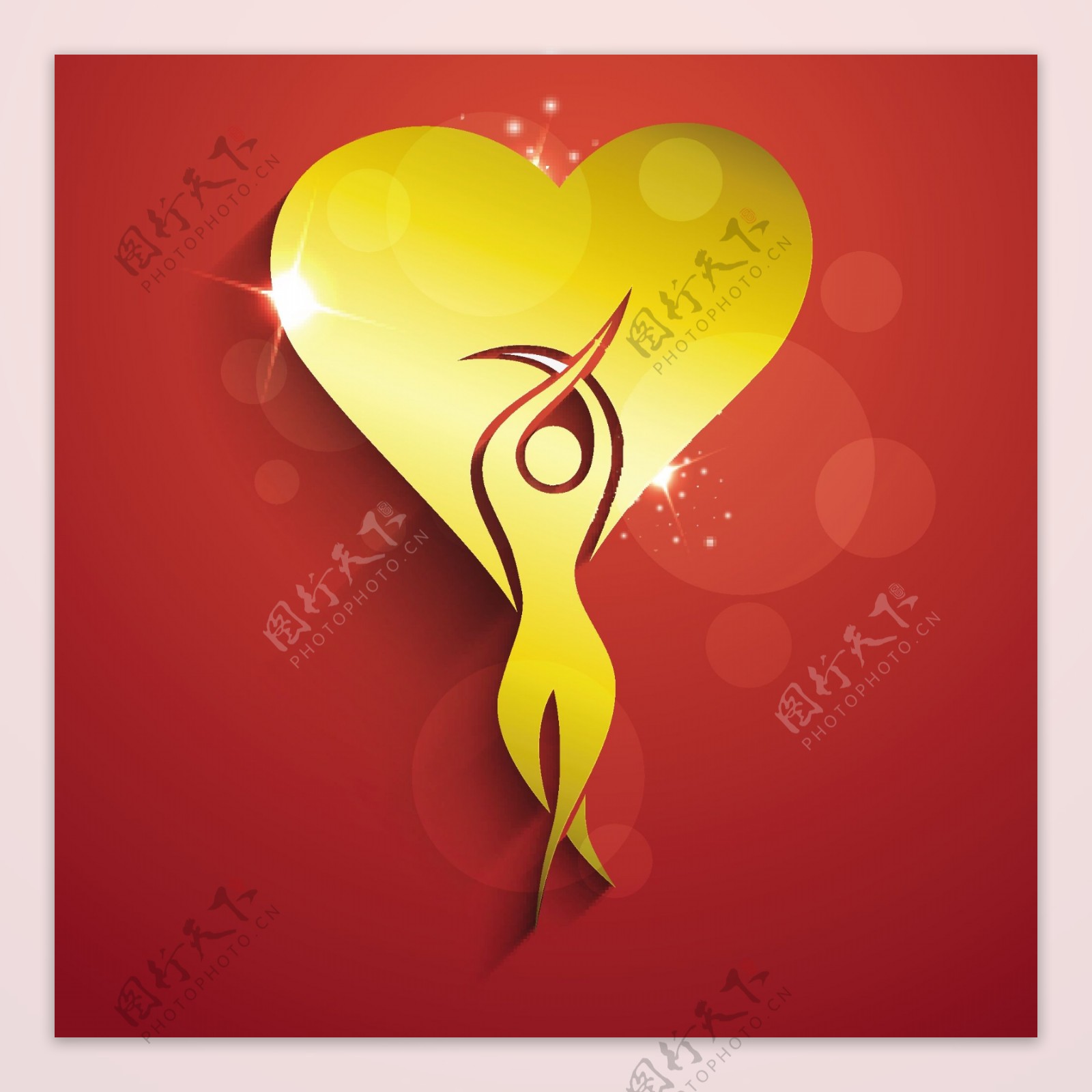 三八妇女节贺卡或海报与金色的心脏形状的红色背景上的一个女人插画设计
