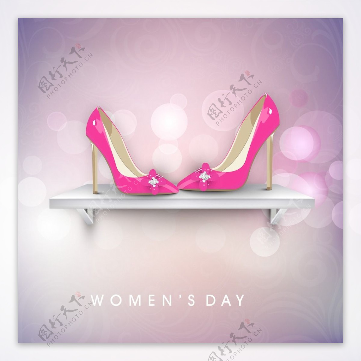 三八妇女节贺卡或海报以粉红女士鞋在舞台上闪亮的紫色背景设计