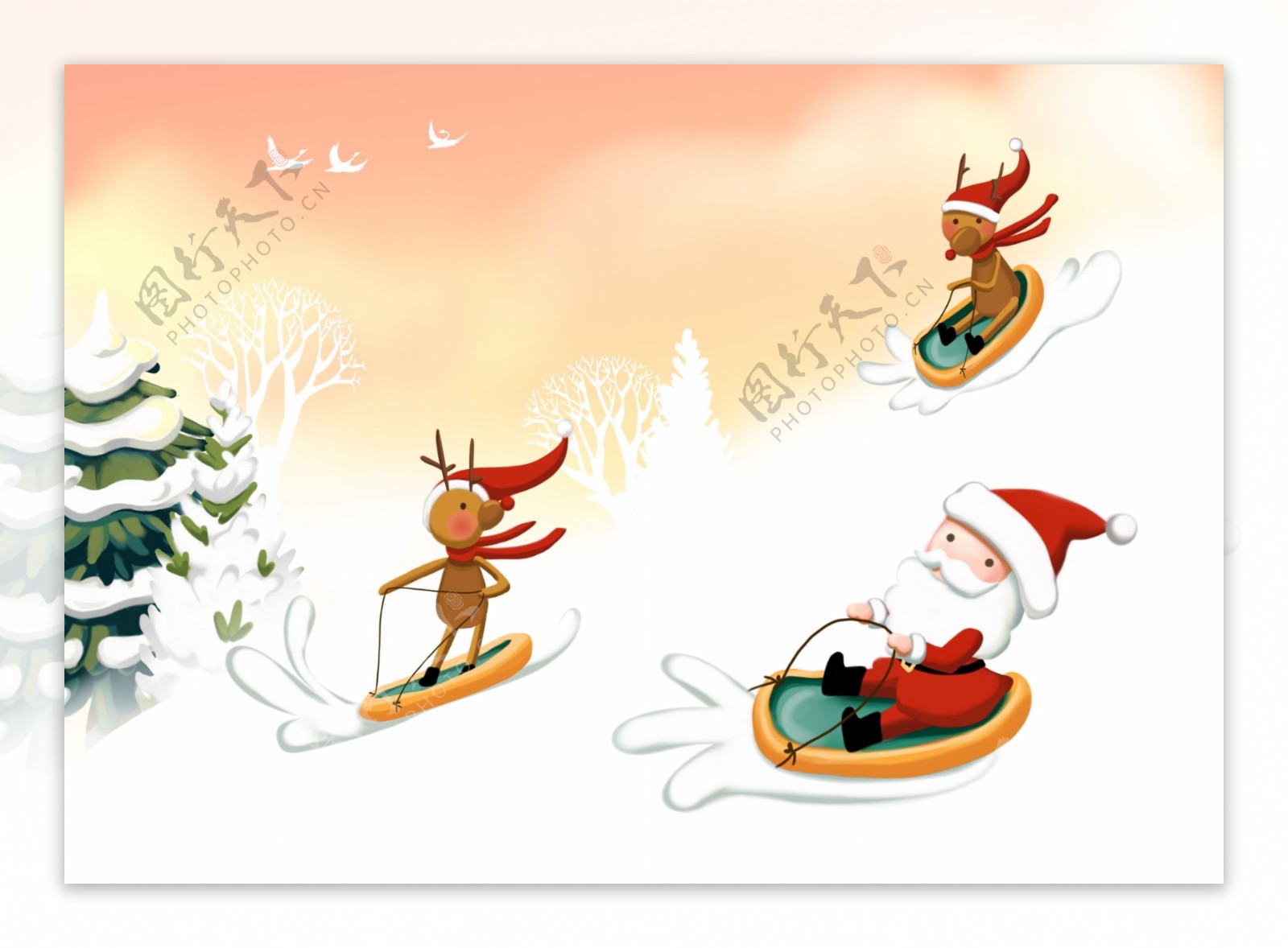 雪地上滑雪的圣诞老人和麋鹿
