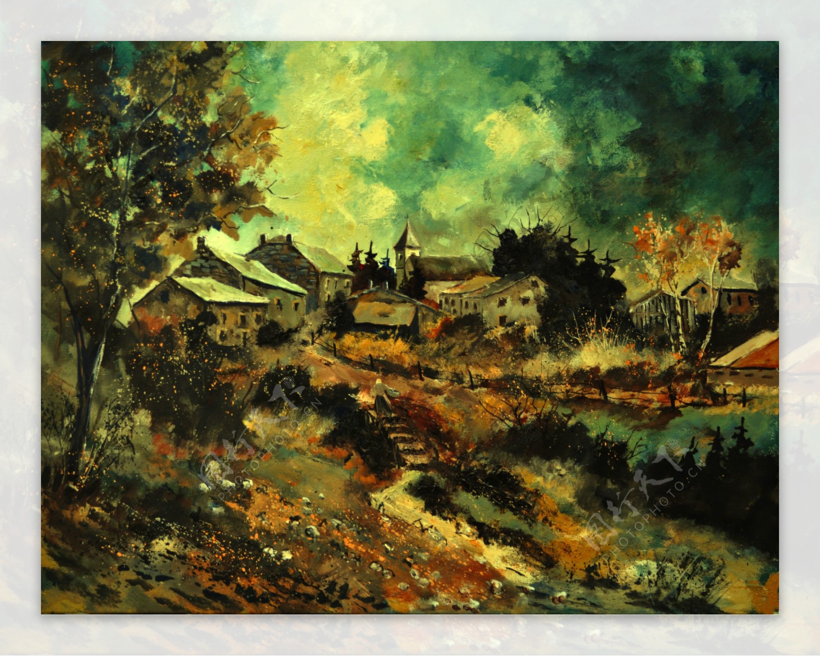 油画昏暗的山村图片