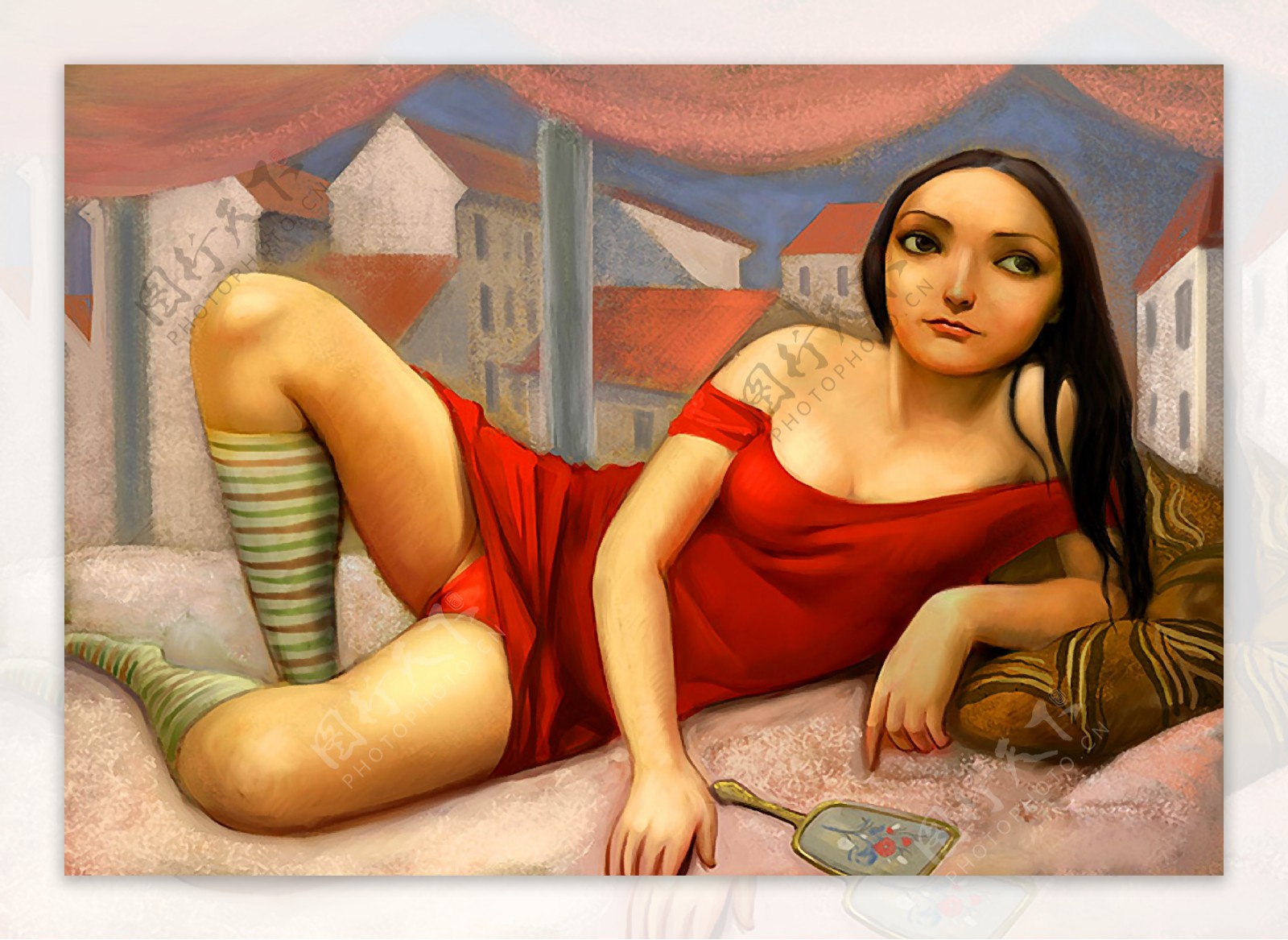 无框画装饰画油画红衣女子图片