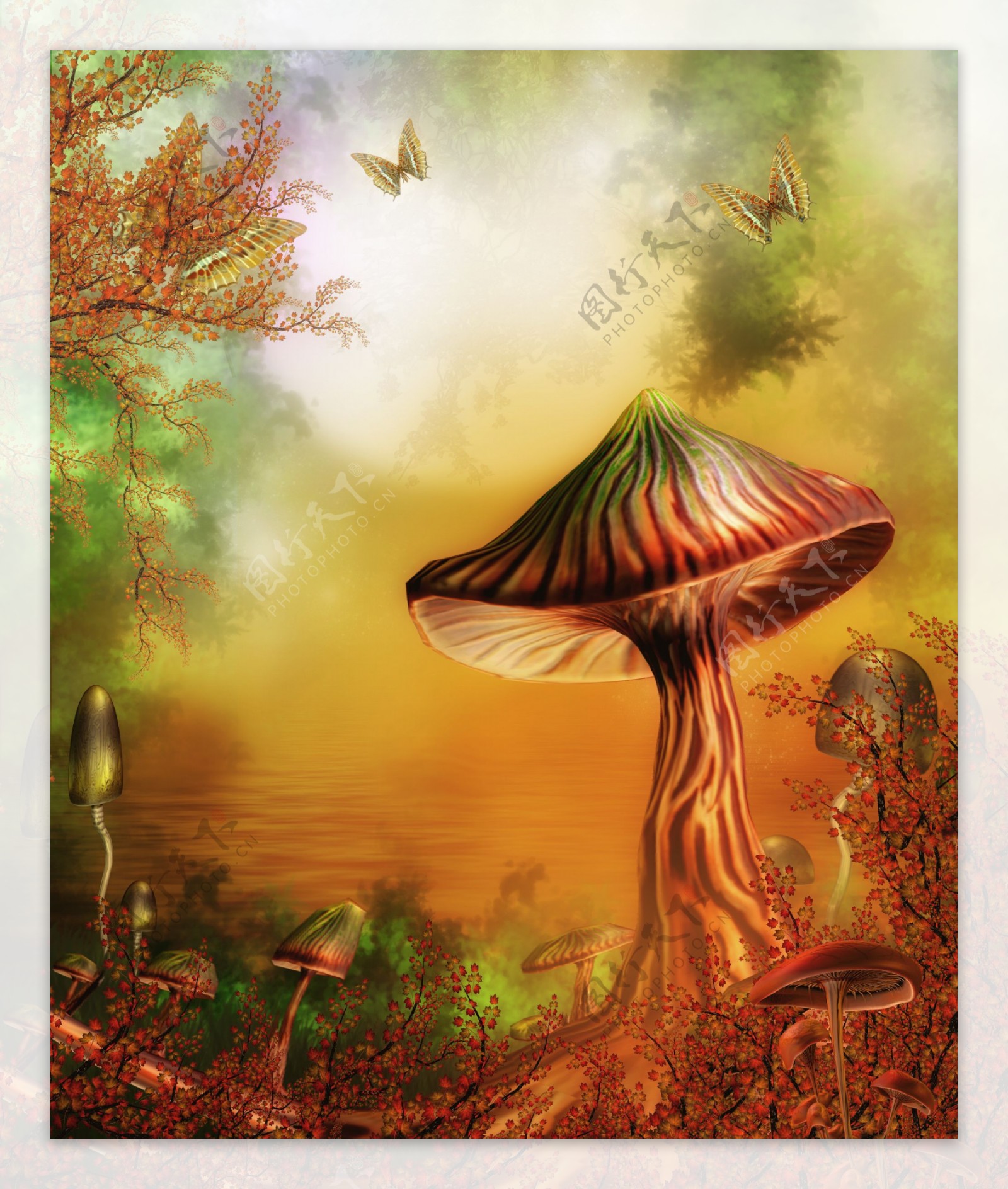 梦幻童话影楼背景蘑菇树蝴蝶红叶图片