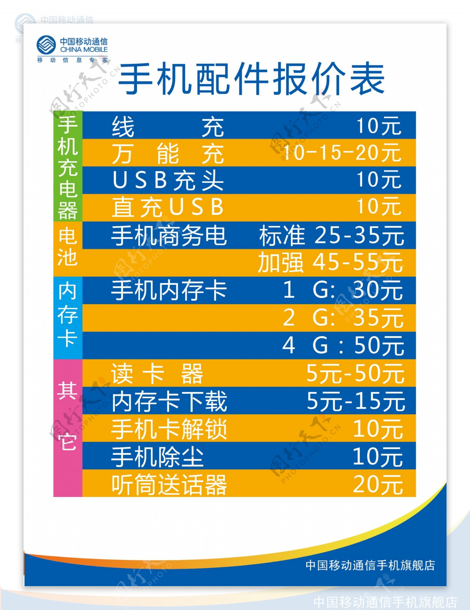 中国移动手机价格表图片