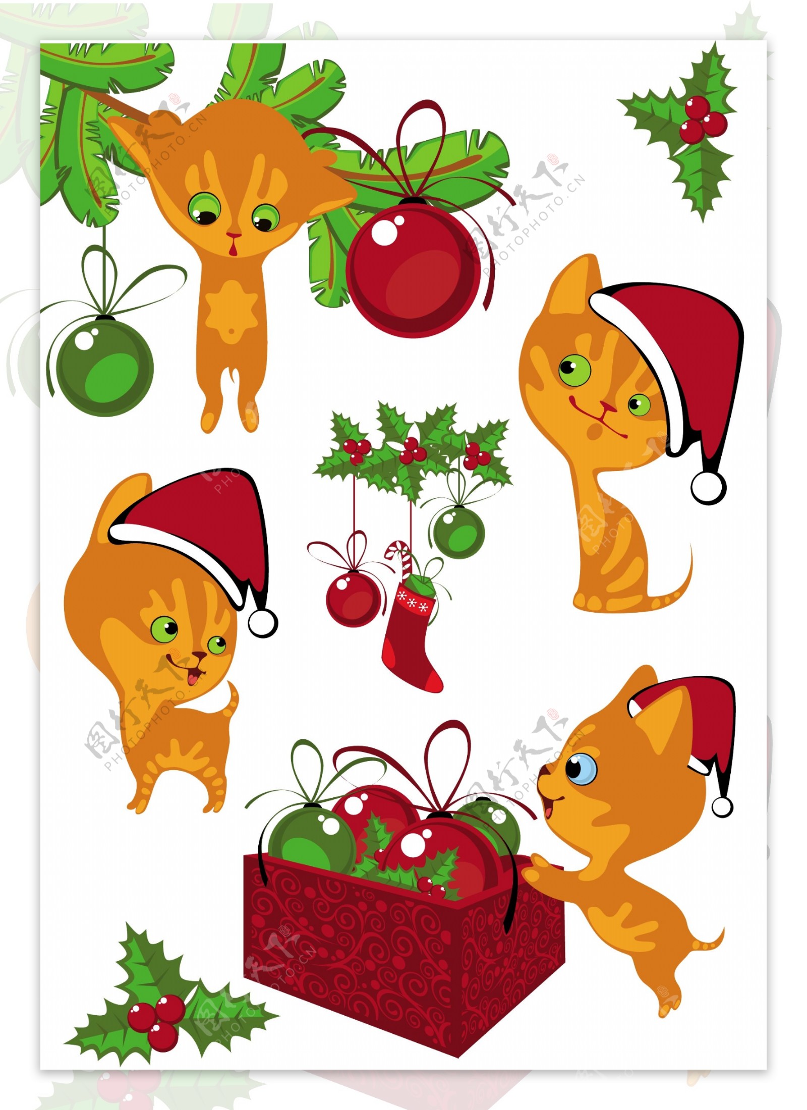 圣诞装扮卡通宠物猫矢量素材