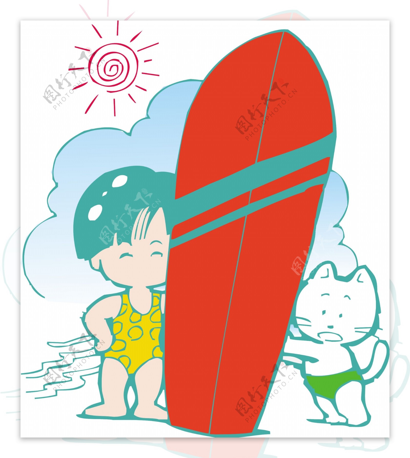 海边玩滑板的小女孩和小猫