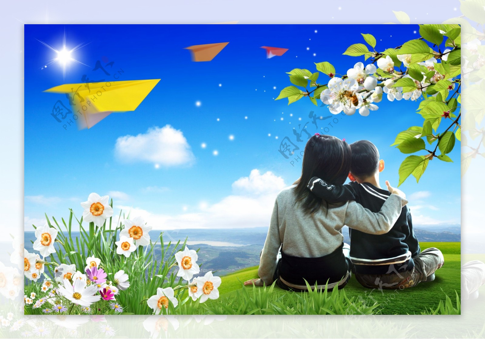 大自然纸飞机蓝天母子花丛温馨影骑韩国实用设计分层源文件PSD源文件