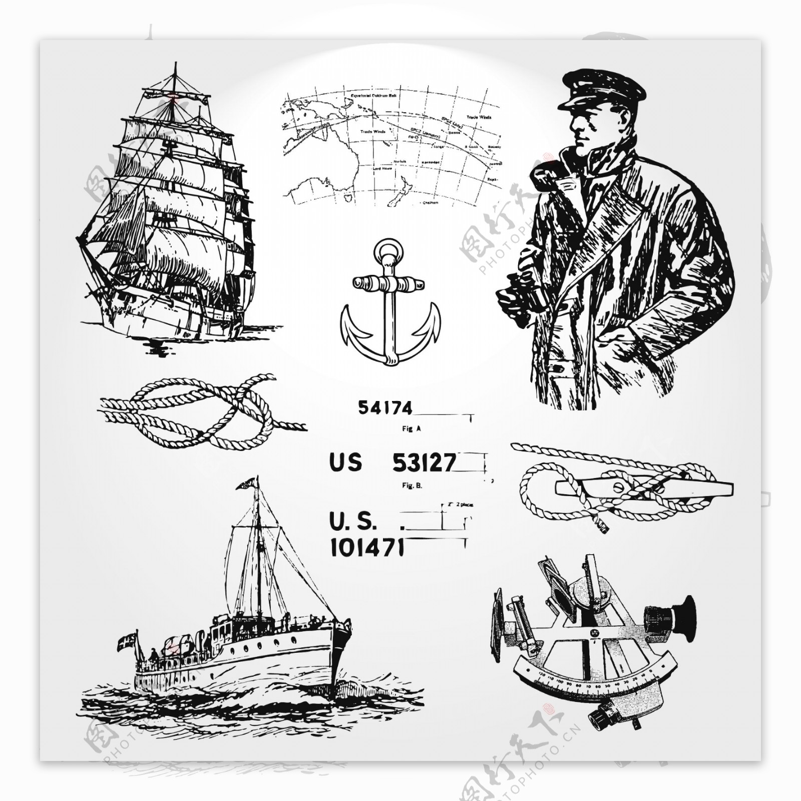 手绘航海插画元素矢量素材