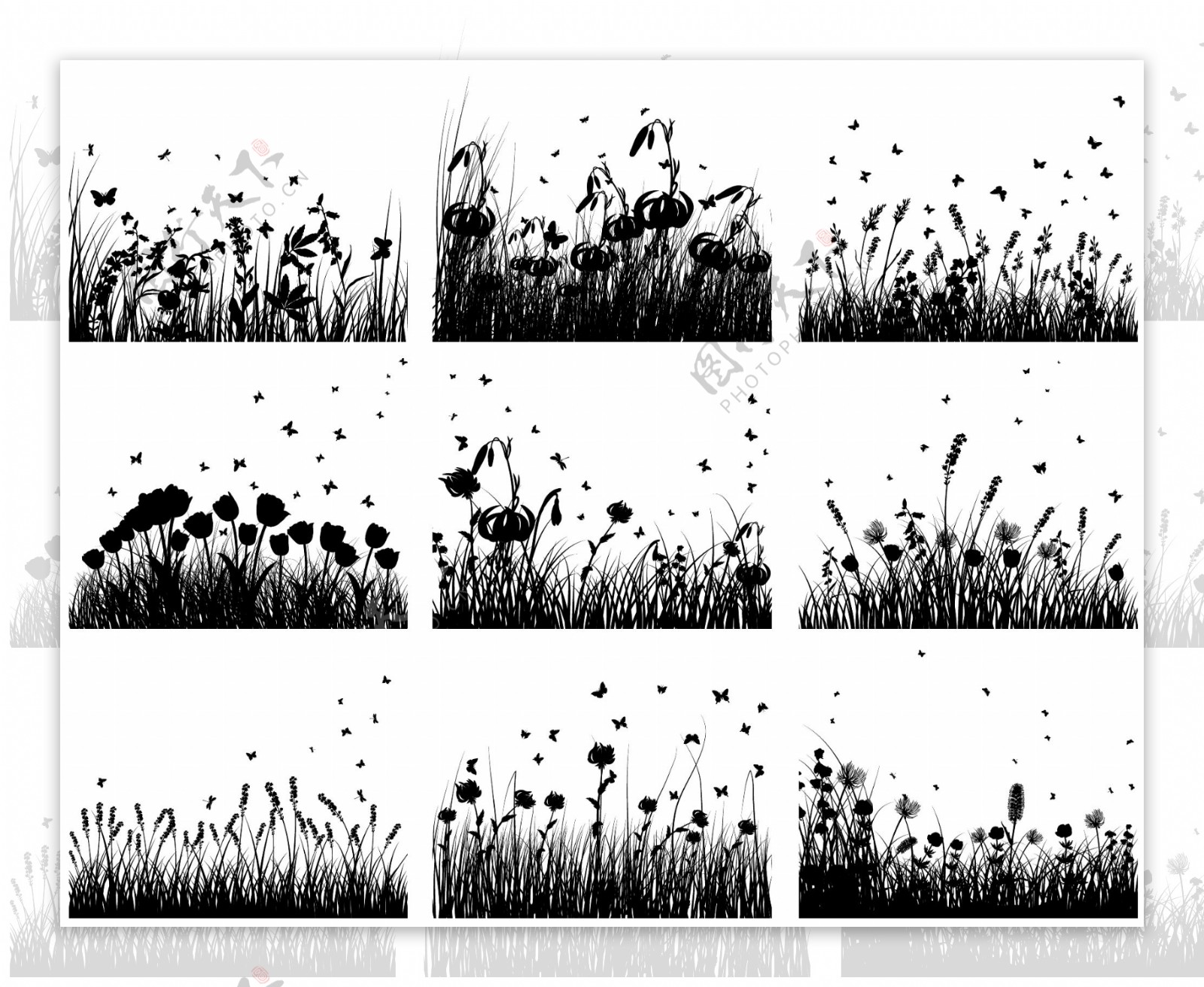 草地鲜花剪影图片