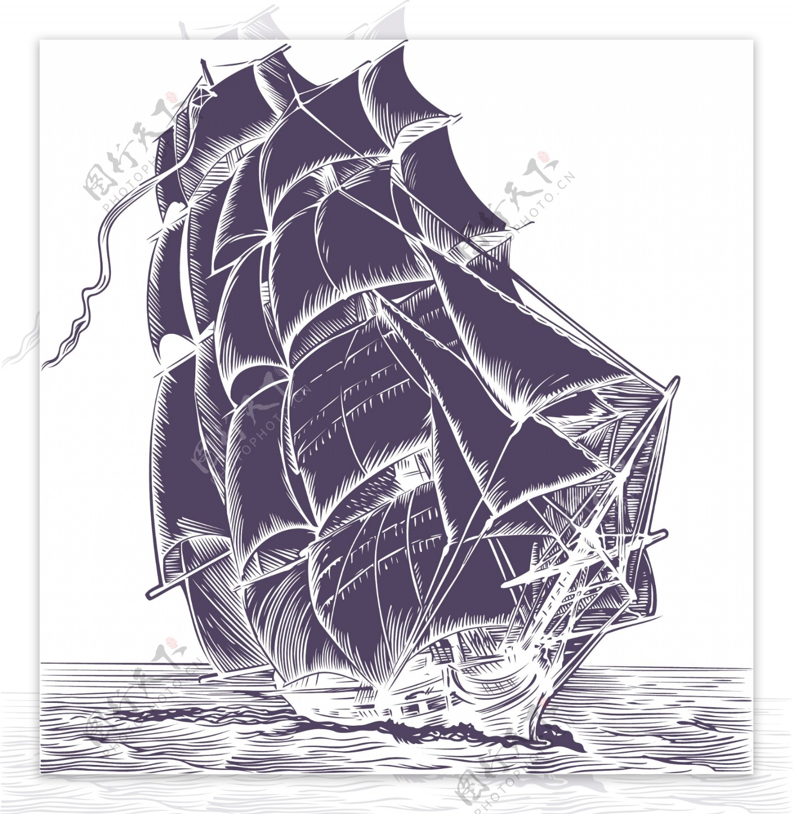 钢笔画风格矢量素材的船只航行海洋的钢笔画
