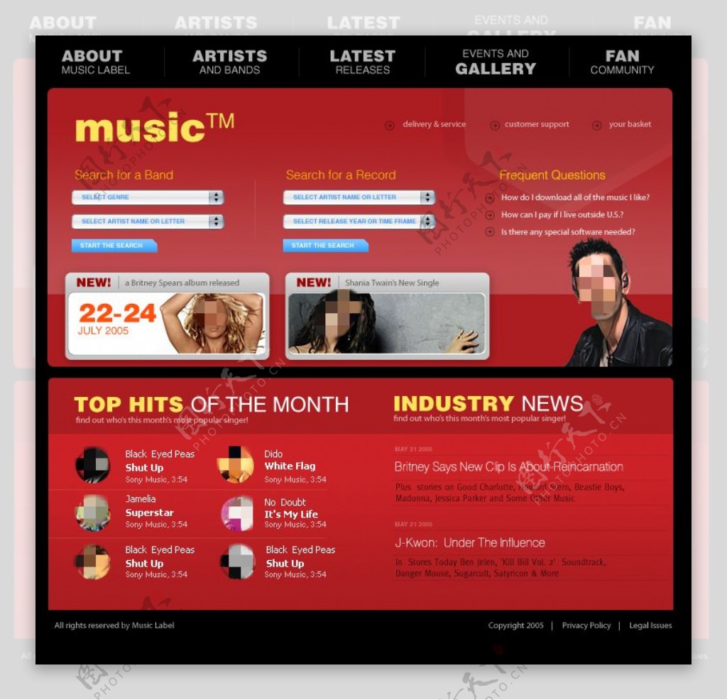 红色音乐网页psd模板