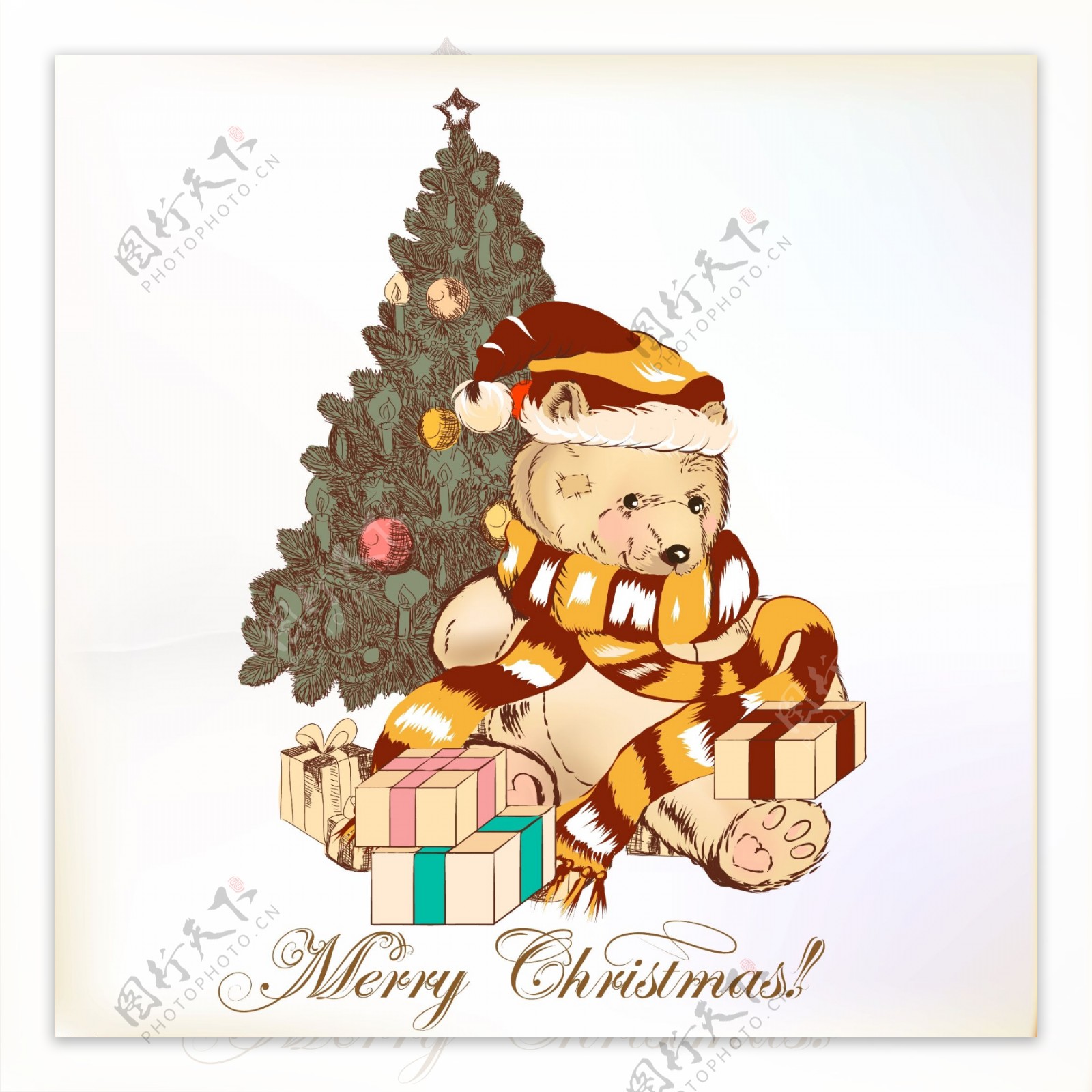 可爱的泰迪熊和圣诞树矢量