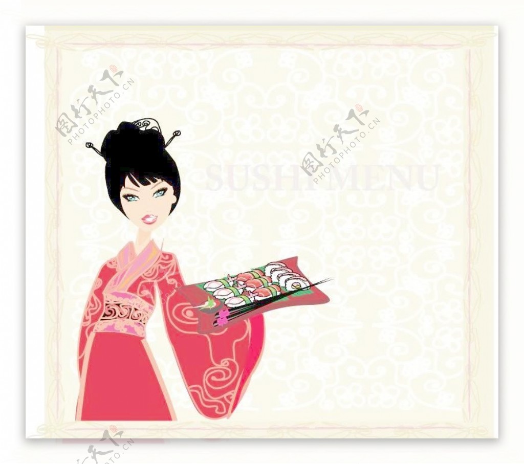 日本和服的女人的菜单封面矢量素材