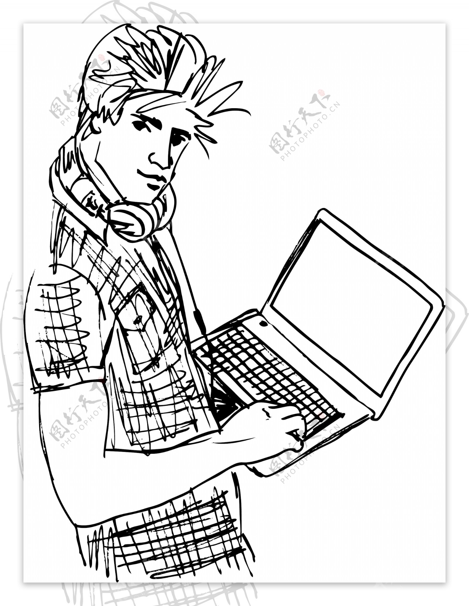 用笔记本电脑插画矢量的年轻人示意图