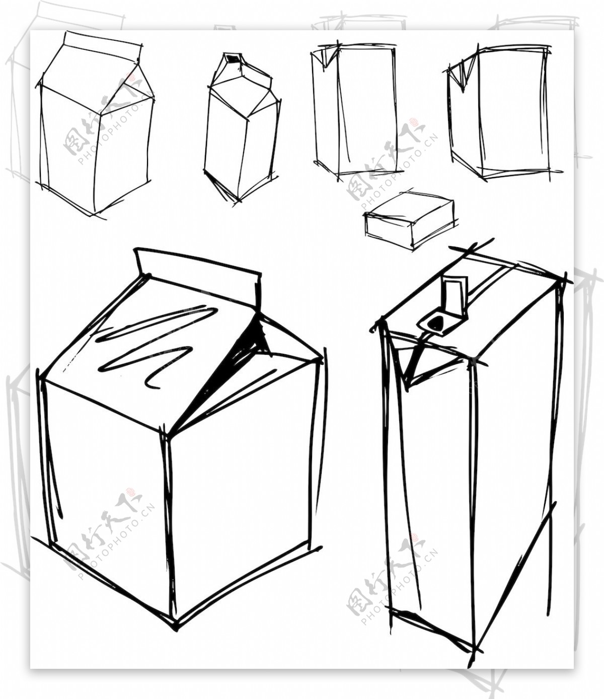 在一些不同角度的矢量插画牛奶盒示意图