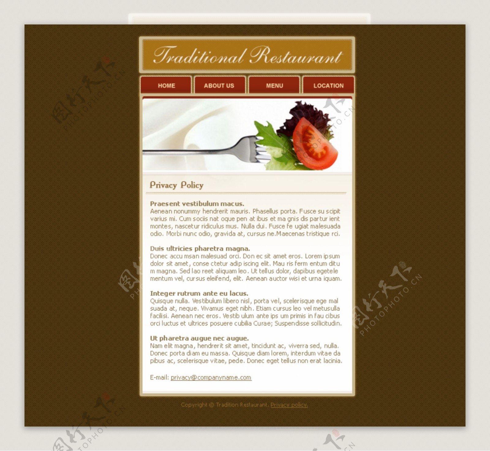 美食餐厅刀叉蔬菜番茄鲜艳诱人棕色背景网页模版psd分层素材餐厅网站图片