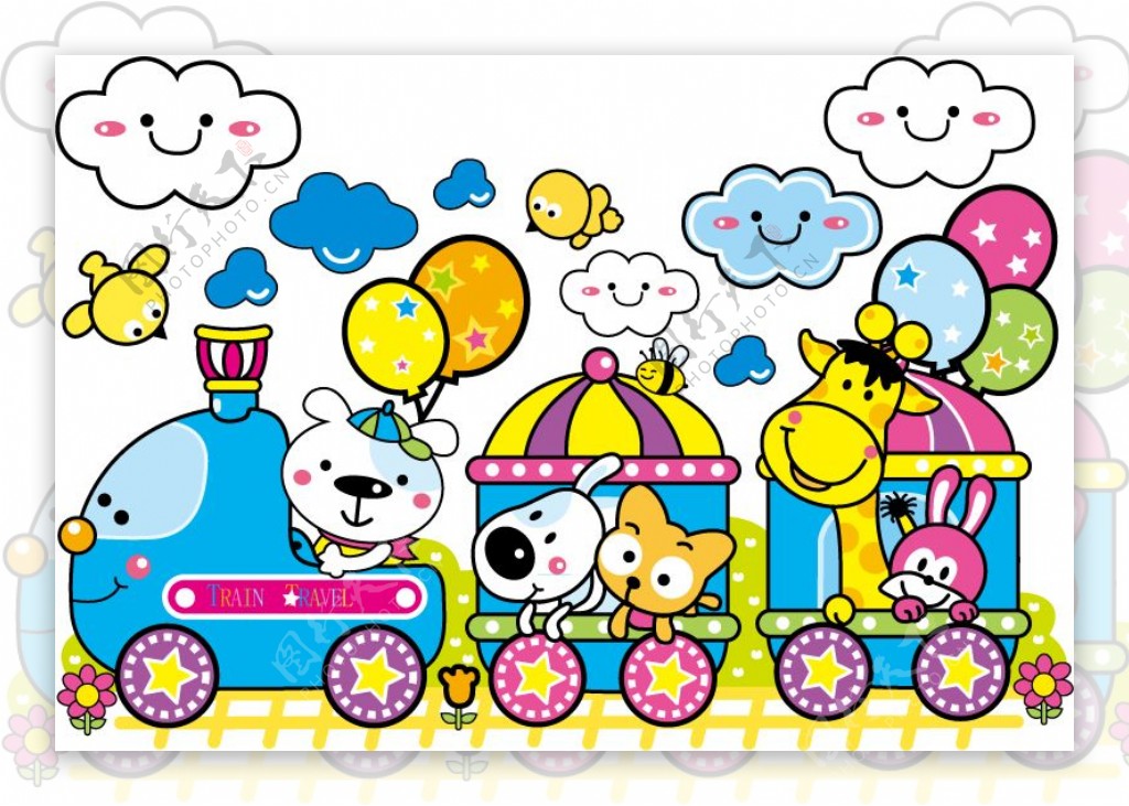 乘火车的小动物插画
