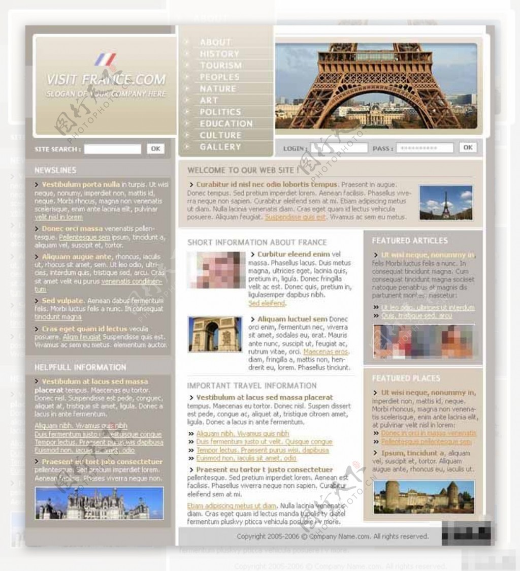 埃菲尔铁塔的偏移法国旅行网页模板