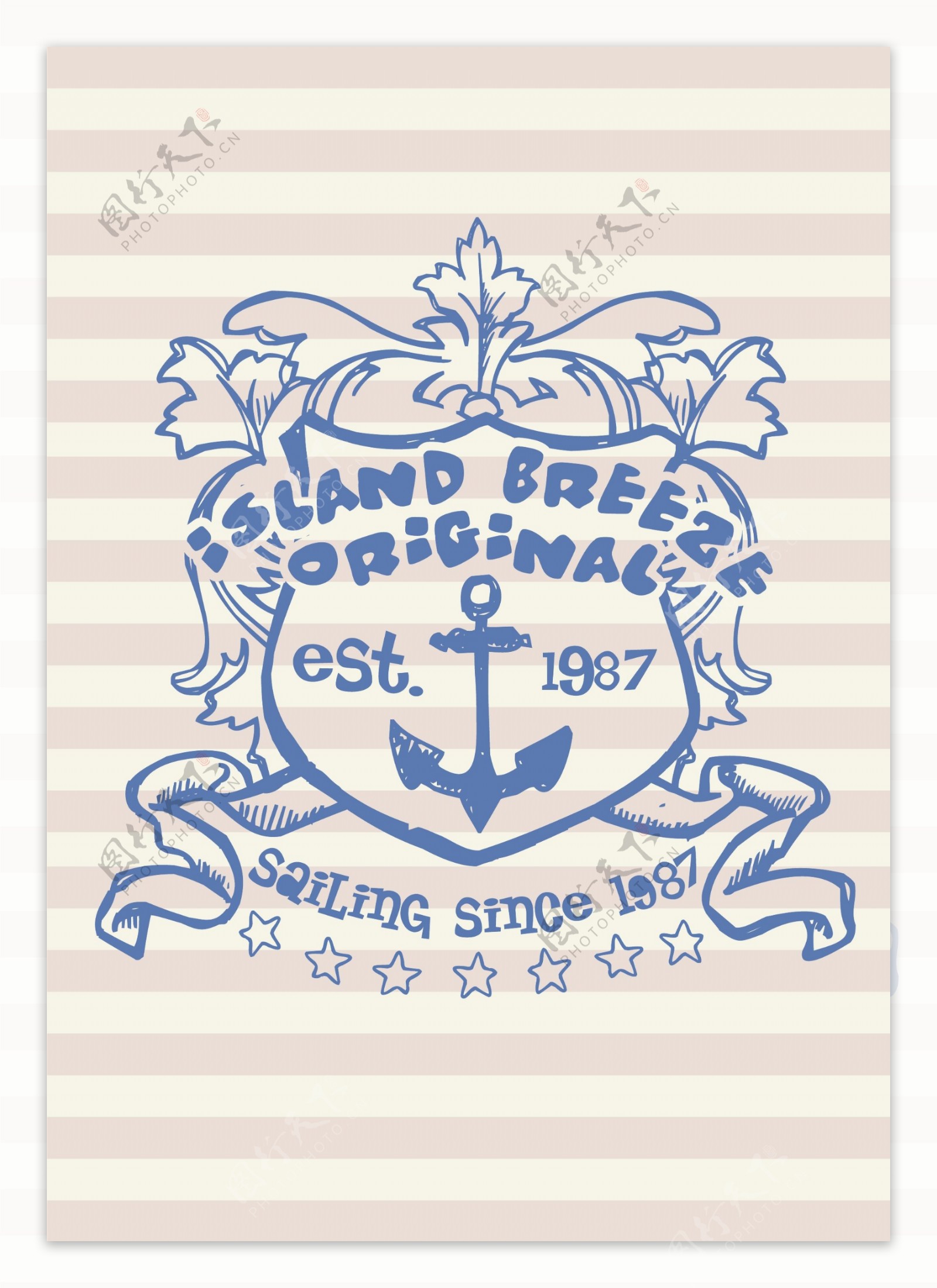 印花矢量图蓝色白色徽章标记船锚免费素材
