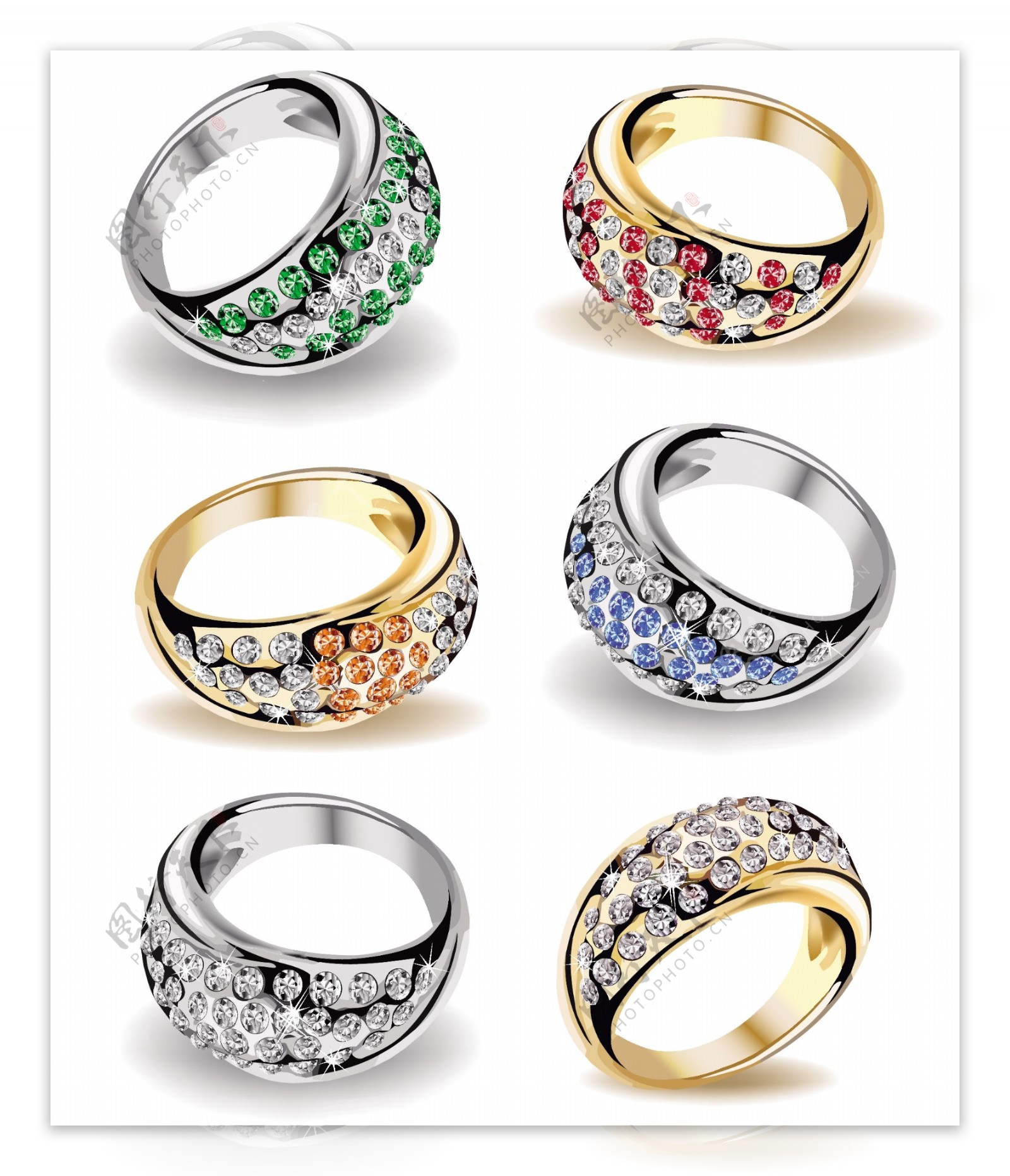 彩色钻石戒指的设计向量