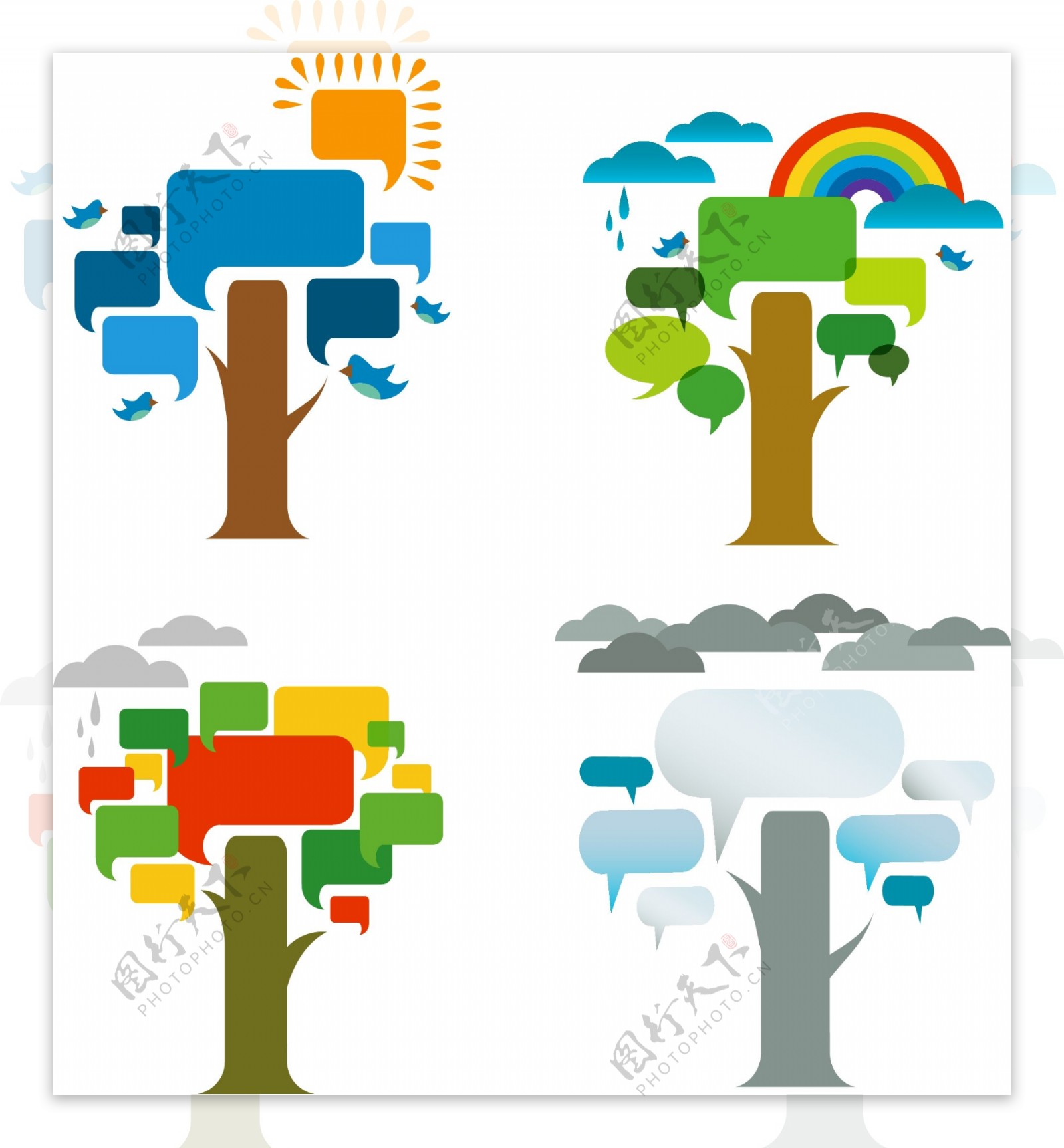 4款彩色树木语言气泡矢量素材