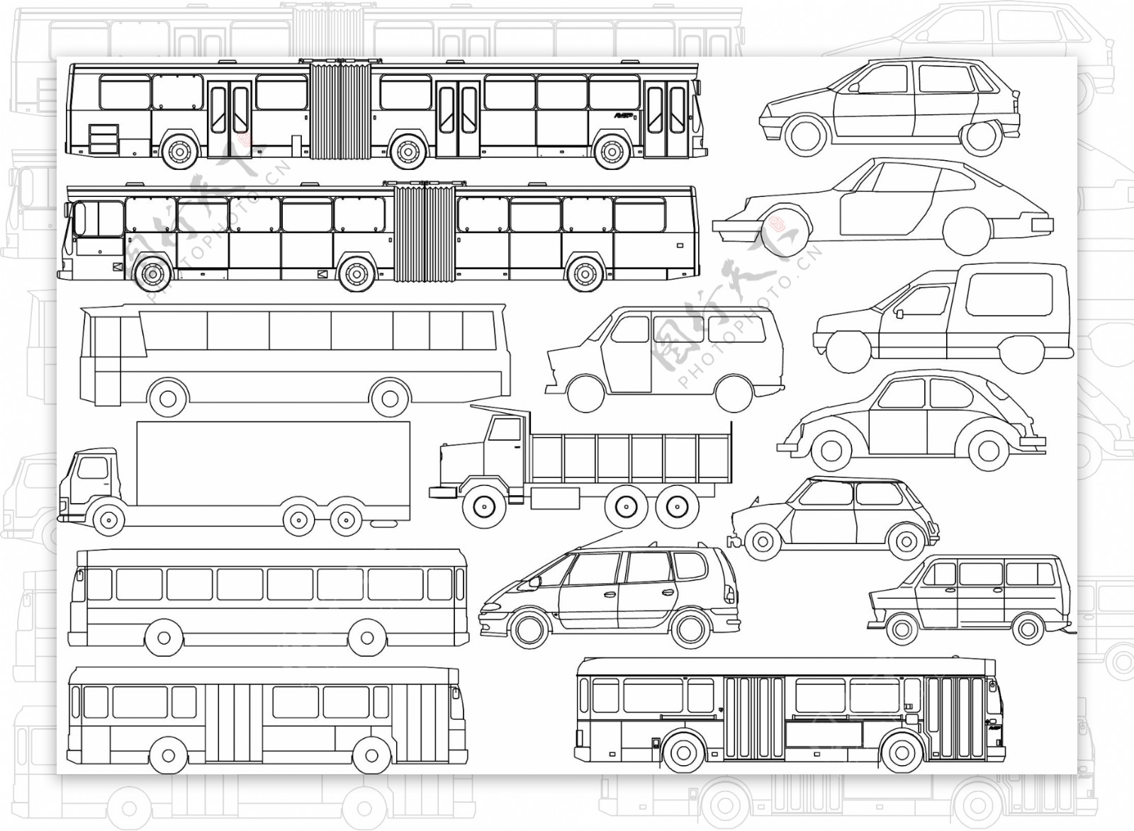 各式线描汽车巴士矢量图