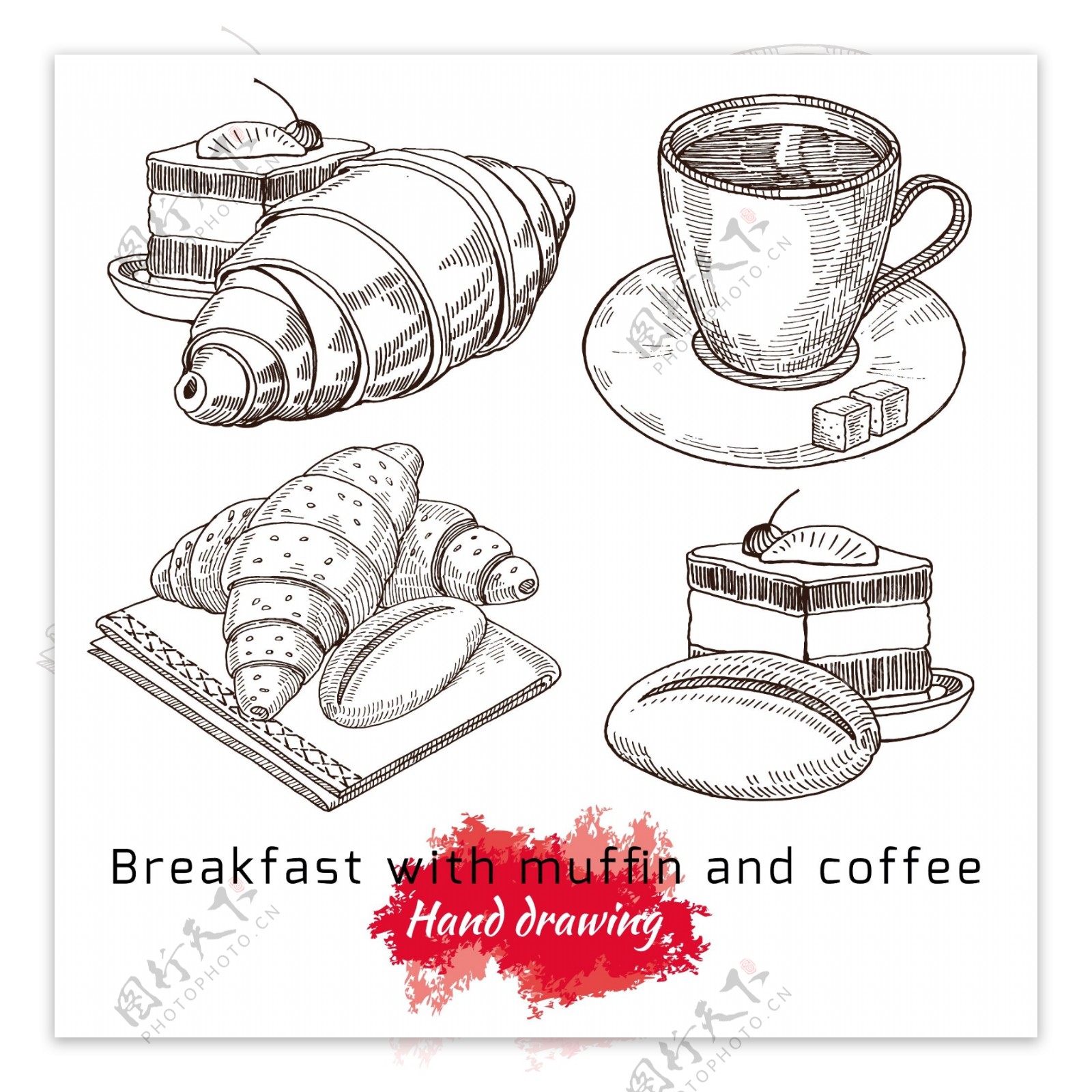 手绘早餐松饼和咖啡矢量