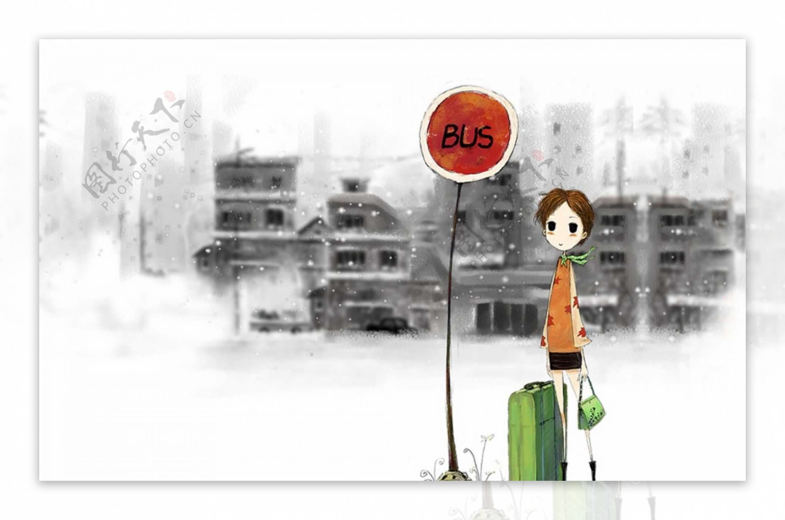 韩国等待巴士的小男孩插画