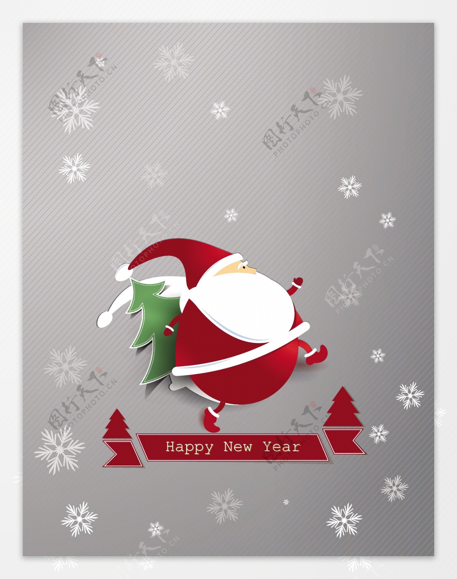 圣诞矢量插画贴纸圣诞老人和圣诞树