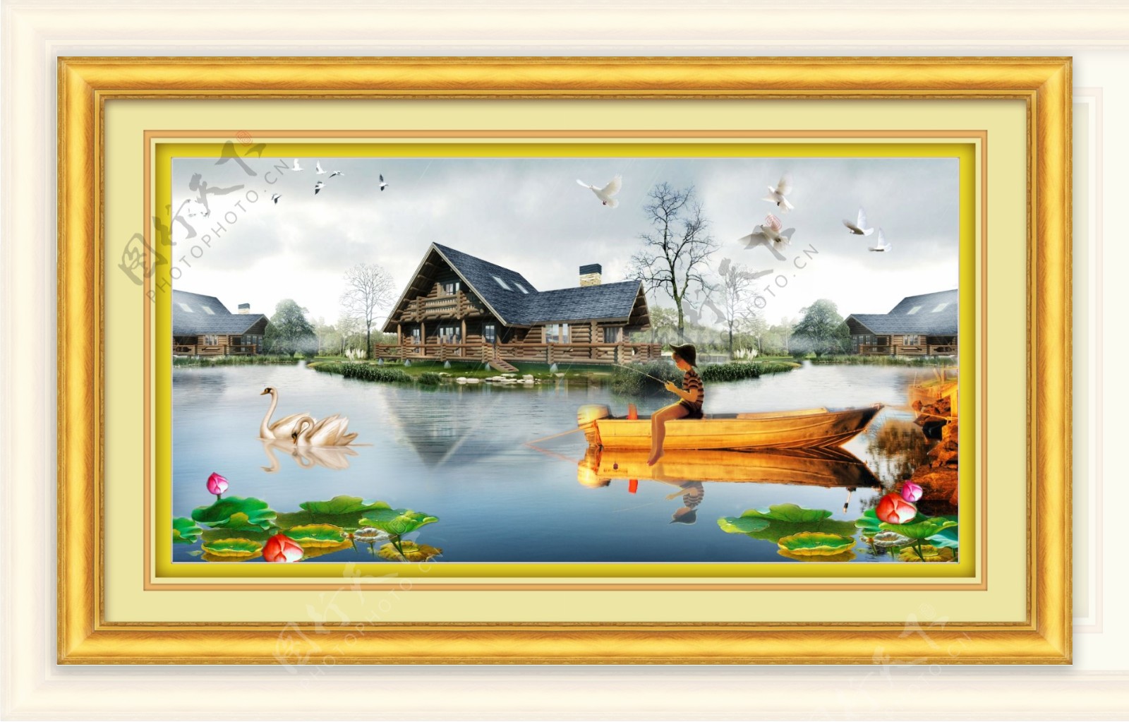 风景油画湖中垂钓图片