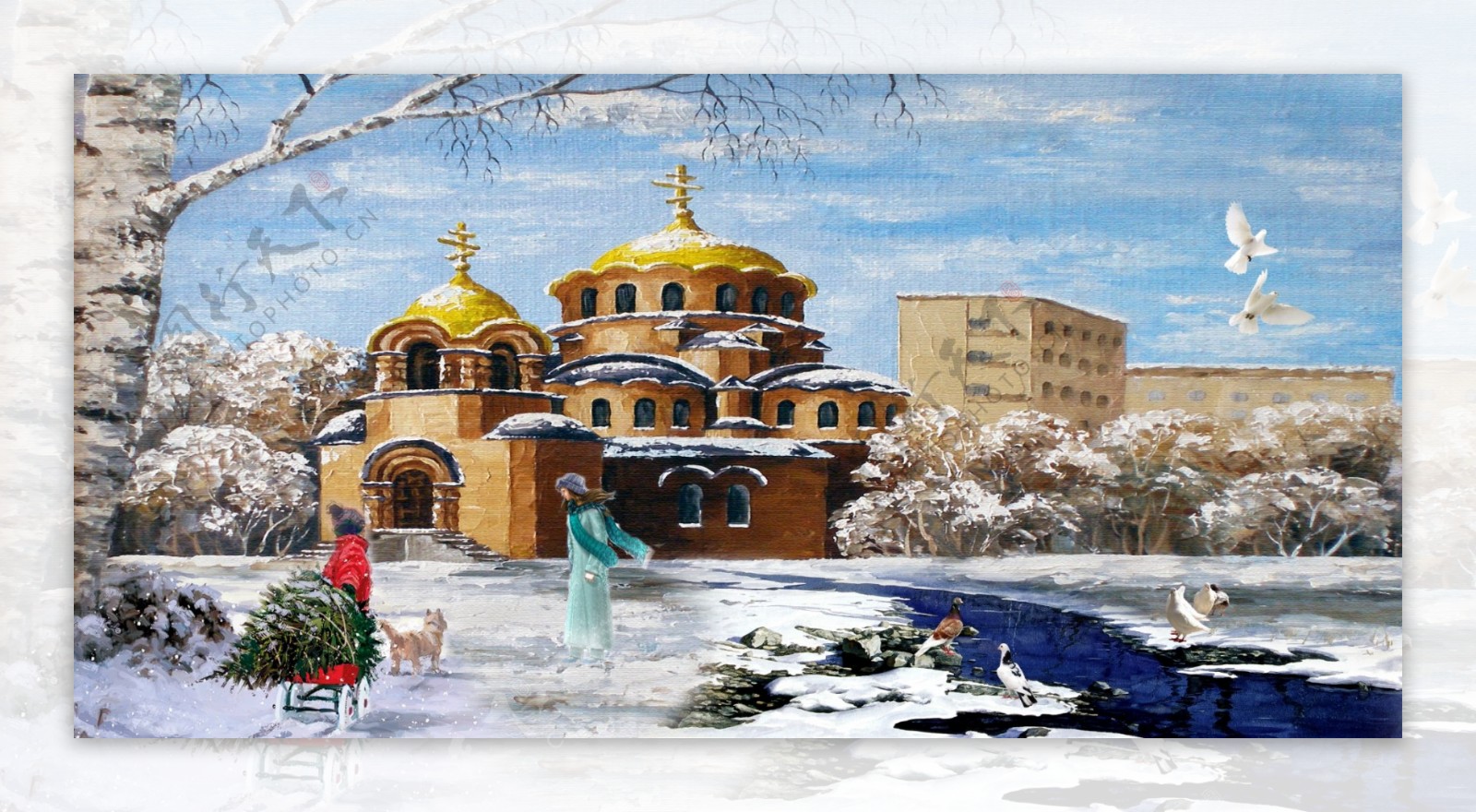 油画风景冬天的教堂图片