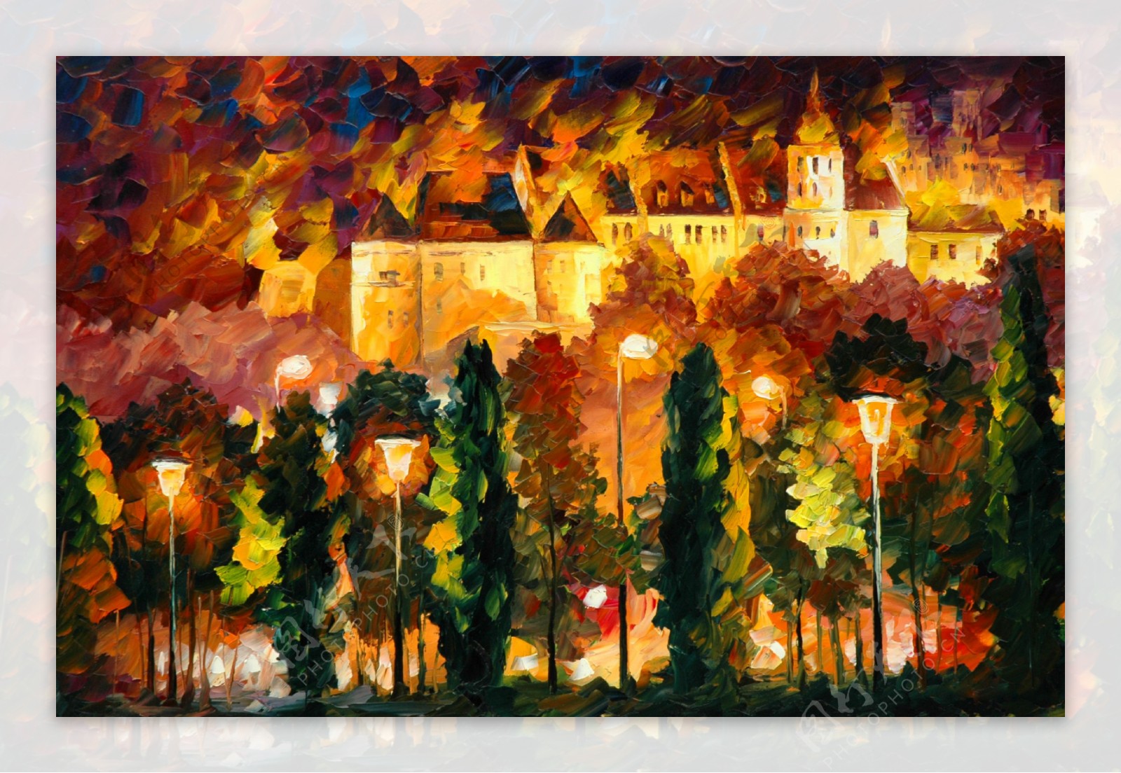 油画城堡夜景图片