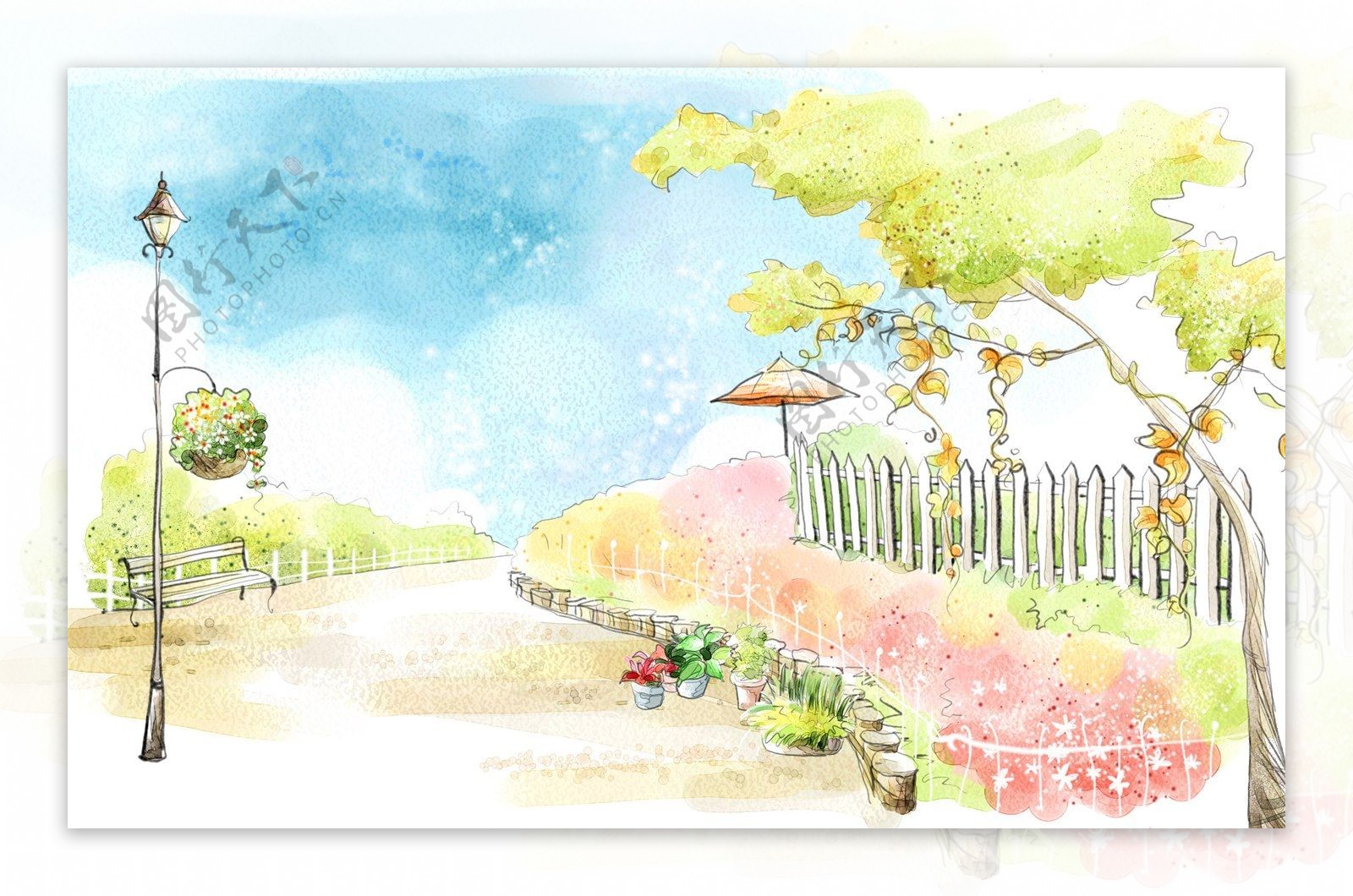 韩风手绘水彩插画街景路边公园