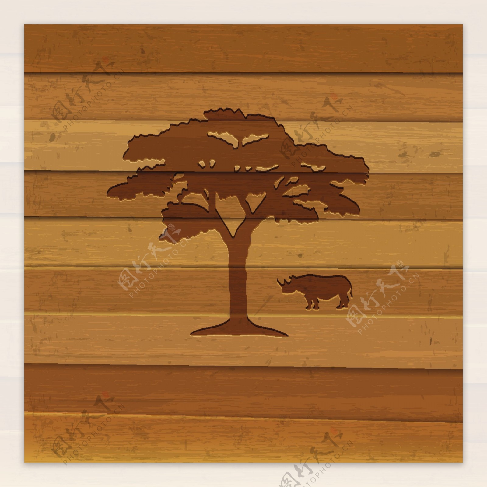 在木制背景犀牛和树的剪影