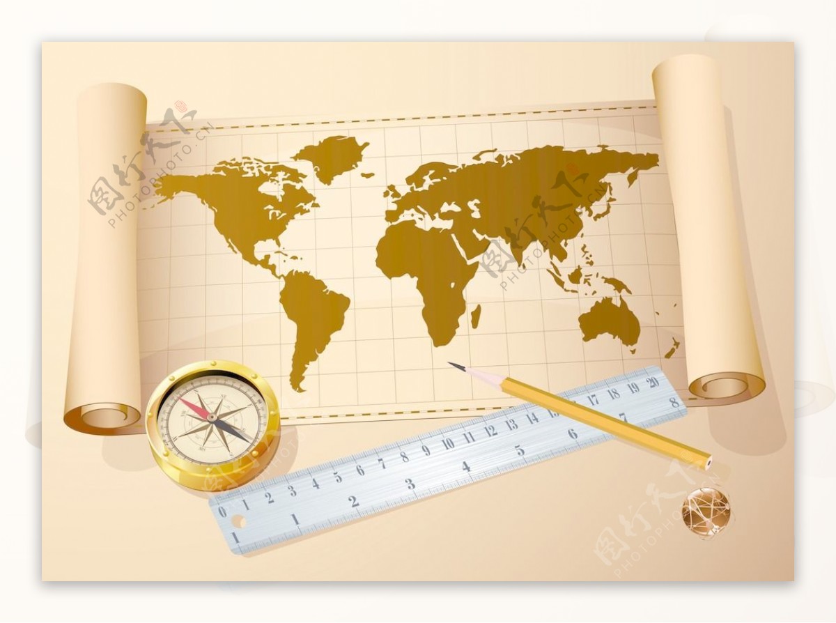 老式地图黄金罗盘钢尺和铅笔矢量旅行和发现的摘要