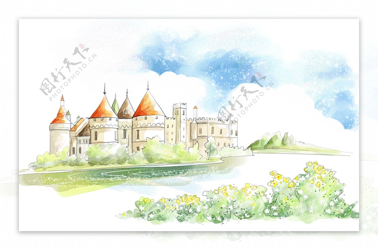 韩风手绘水彩插画城堡