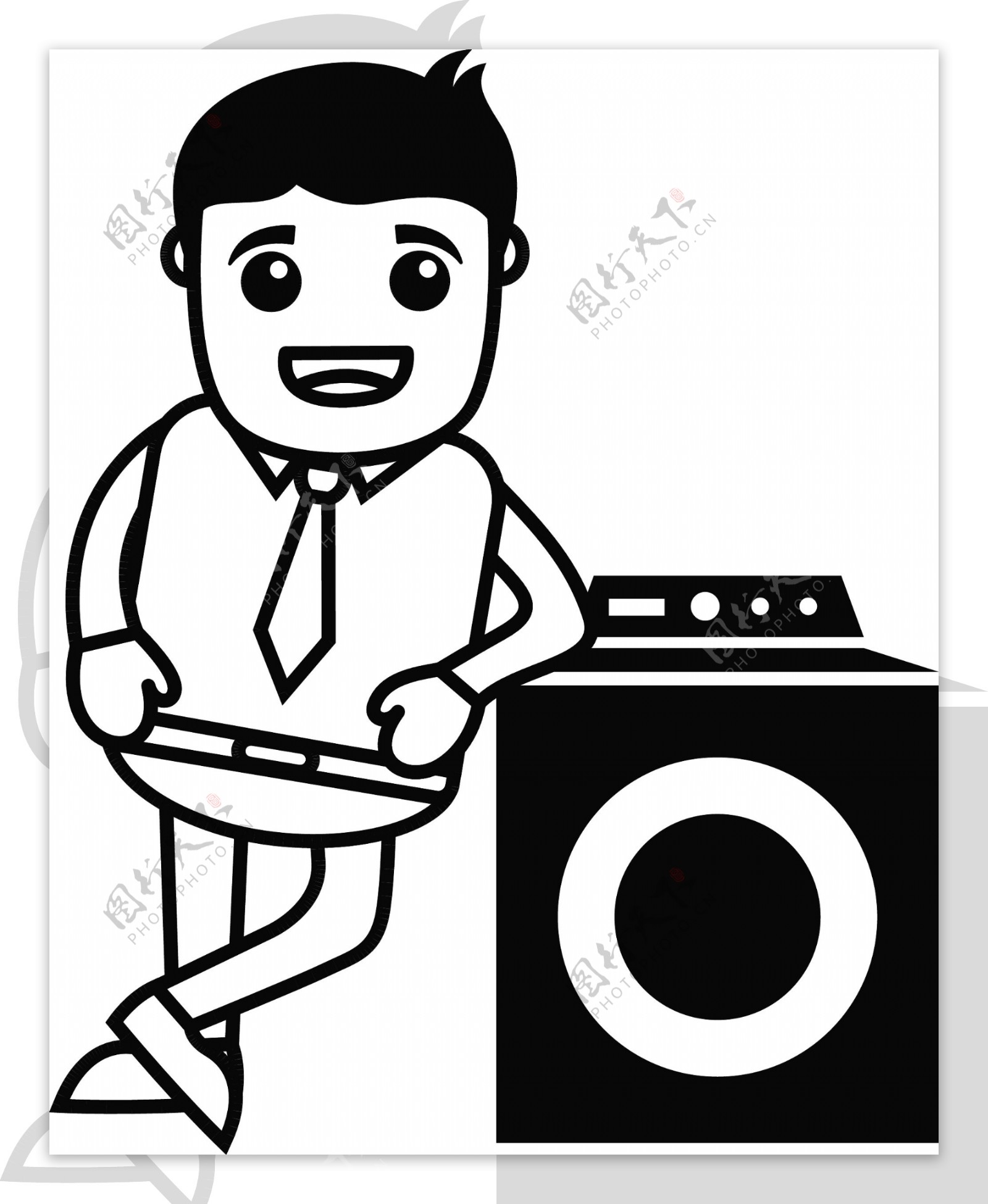 男人站在洗衣机矢量插画