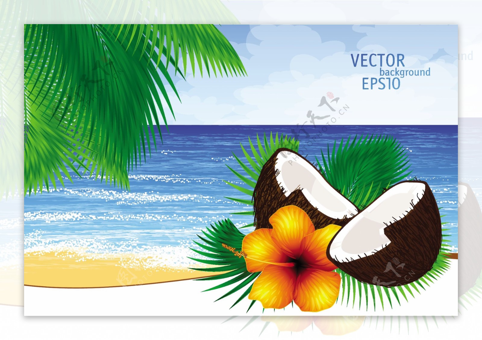 与潮汐棕榈天堂岛背景矢量叶子椰子鸡尾酒和热带花卉