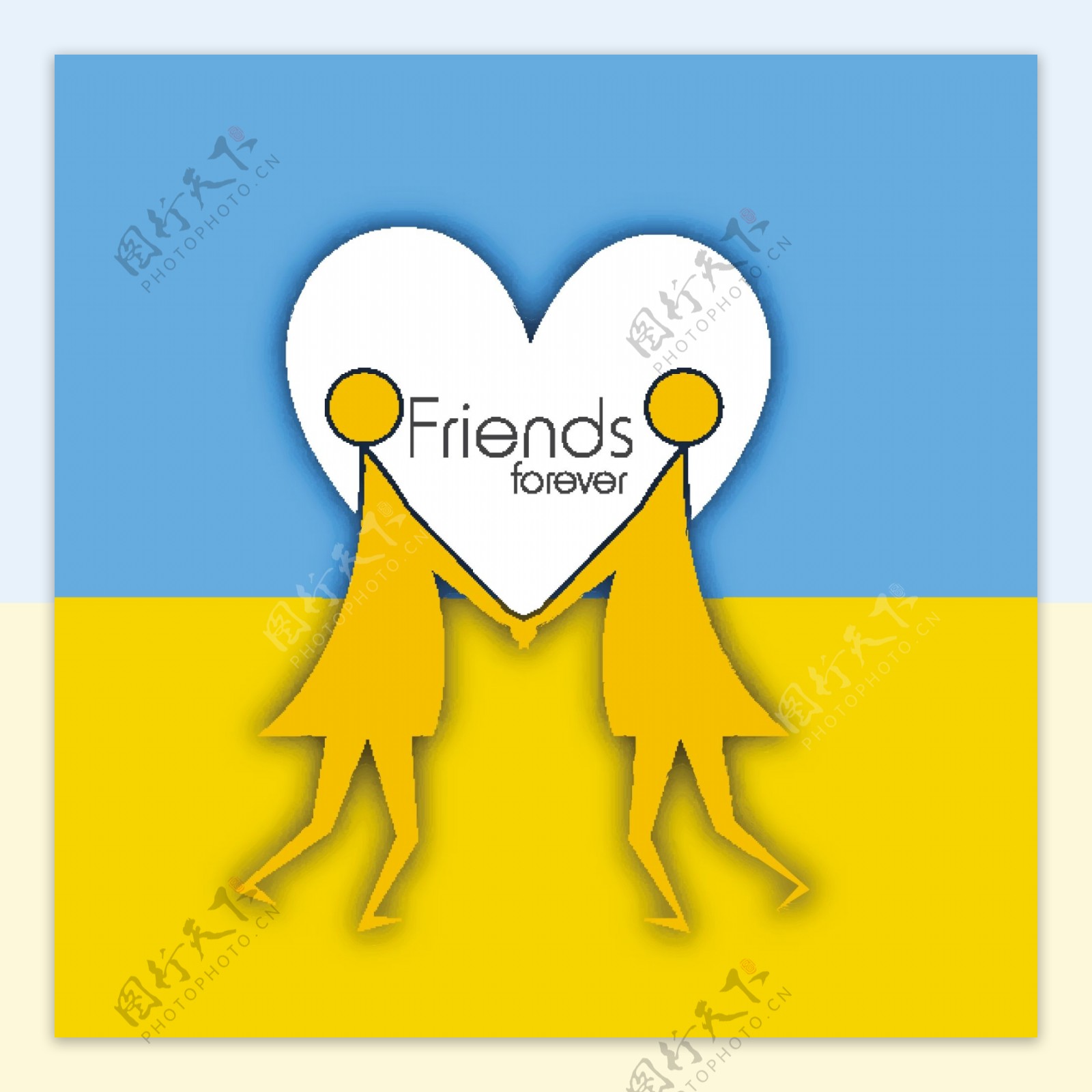 情人节快乐的概念两个女孩牵手心形状装饰蓝色和黄色的背景