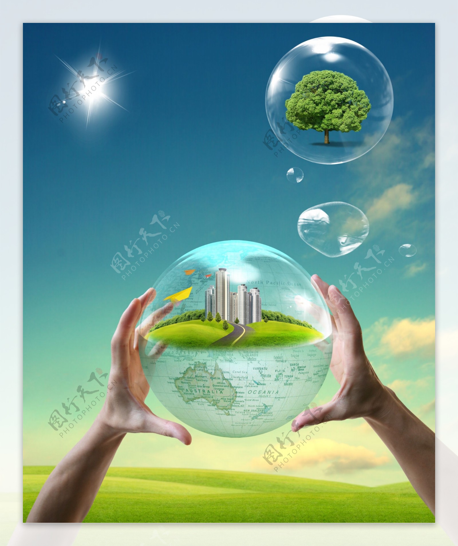 精品韩国商业设计双手气泡自然风景300dpi30m图片
